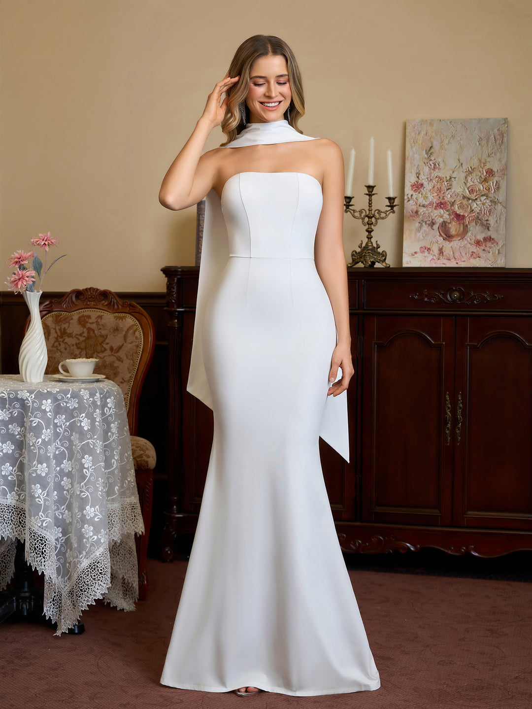 Backless Hanging Neck Ribbon Solid Tube Dress#color_white