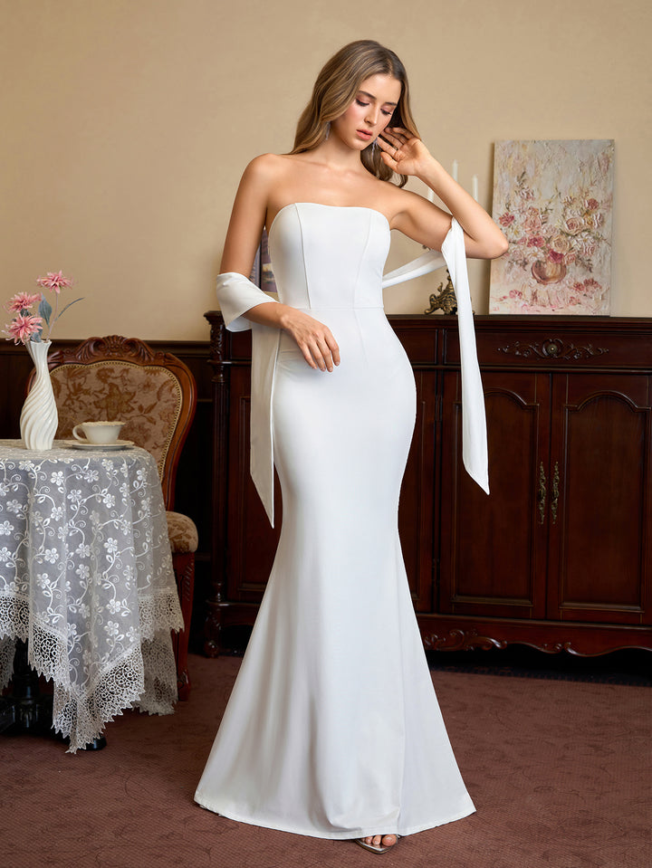 Ribbon Hanging Neck Backless Solid Tube Dress#color_white