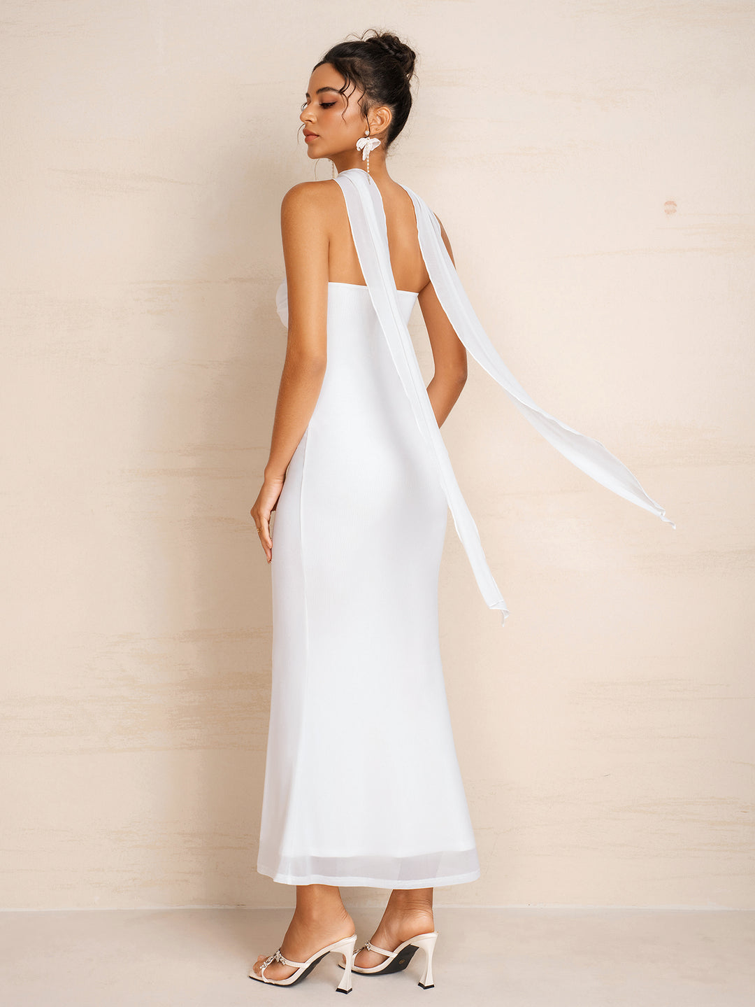 Hanging Neck Ribbon Mesh Ruched Bust Tube Dress