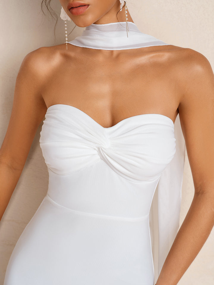 Mesh Ruched Bust Hanging Neck Ribbon Tube Dress