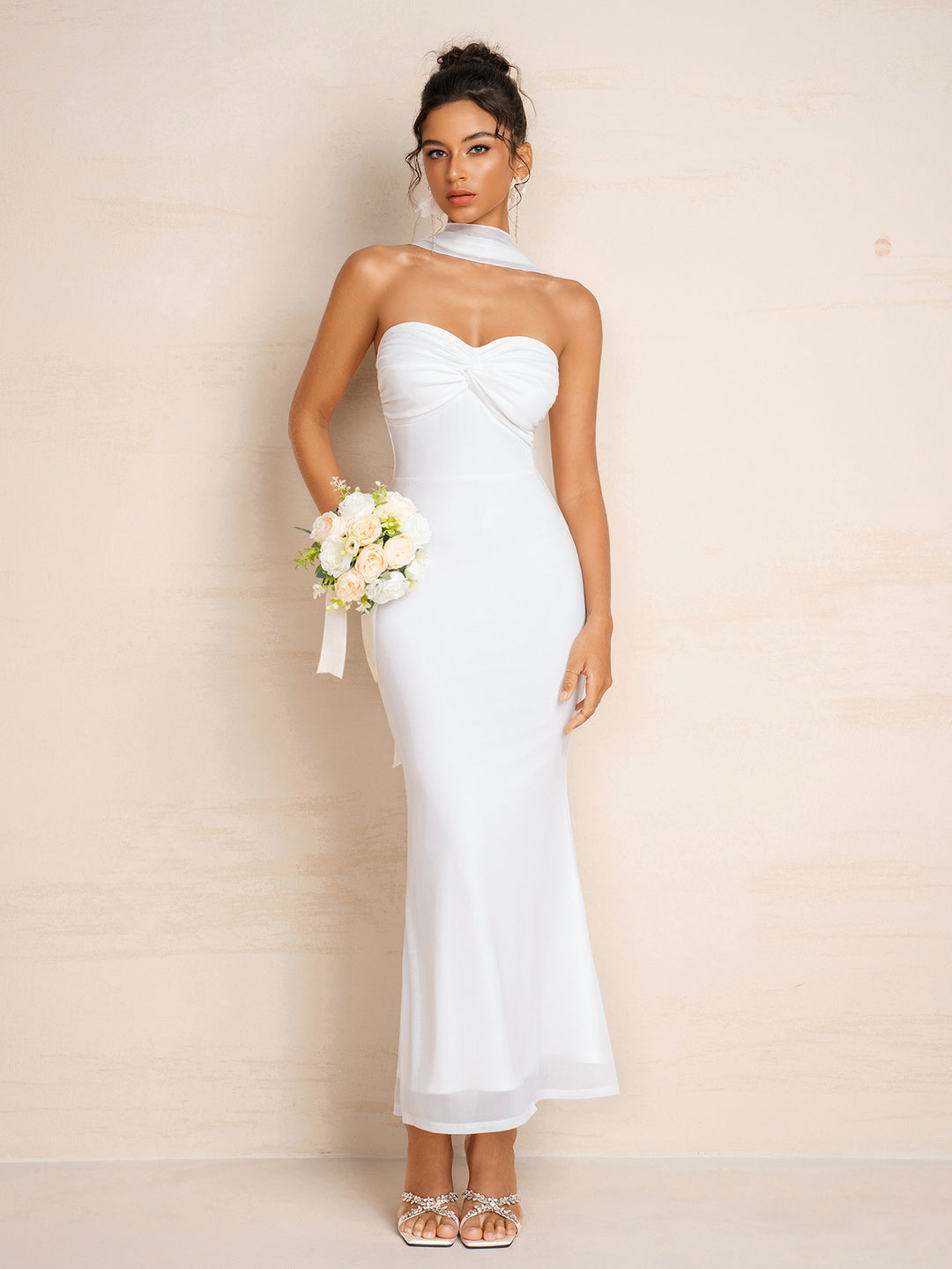 Mesh Hanging Neck Ribbon Ruched Bust Tube Dress