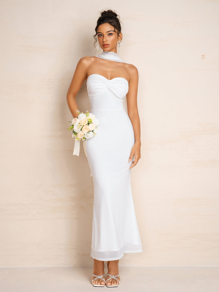Mesh Hanging Neck Ribbon Ruched Bust Tube Dress