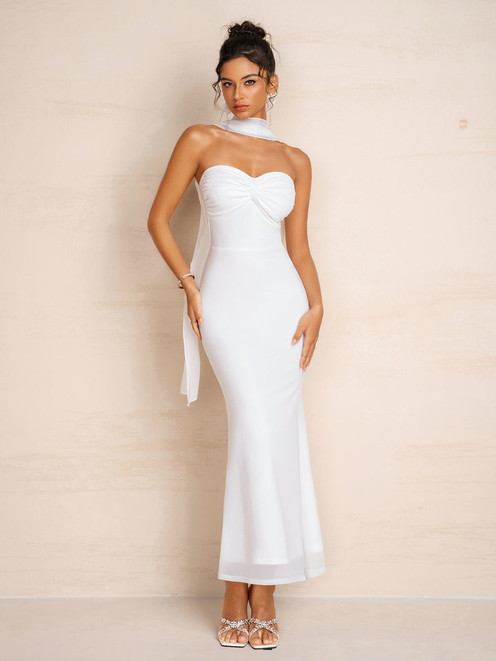 Hanging Neck Ribbon Ruched Bust Mesh Tube Dress