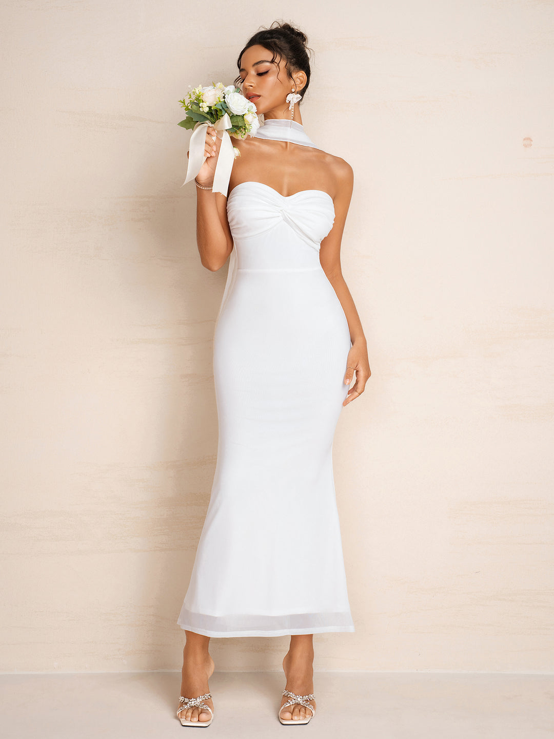 Ruched Bust Mesh Hanging Neck Ribbon Tube Dress