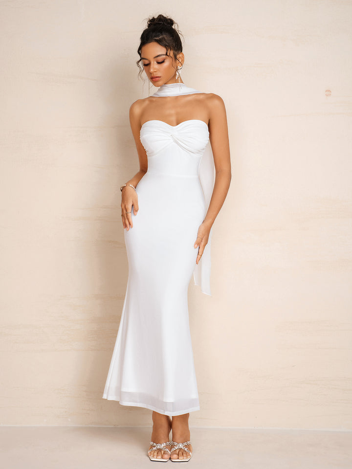 Ruched Bust Hanging Neck Ribbon Mesh Tube Dress