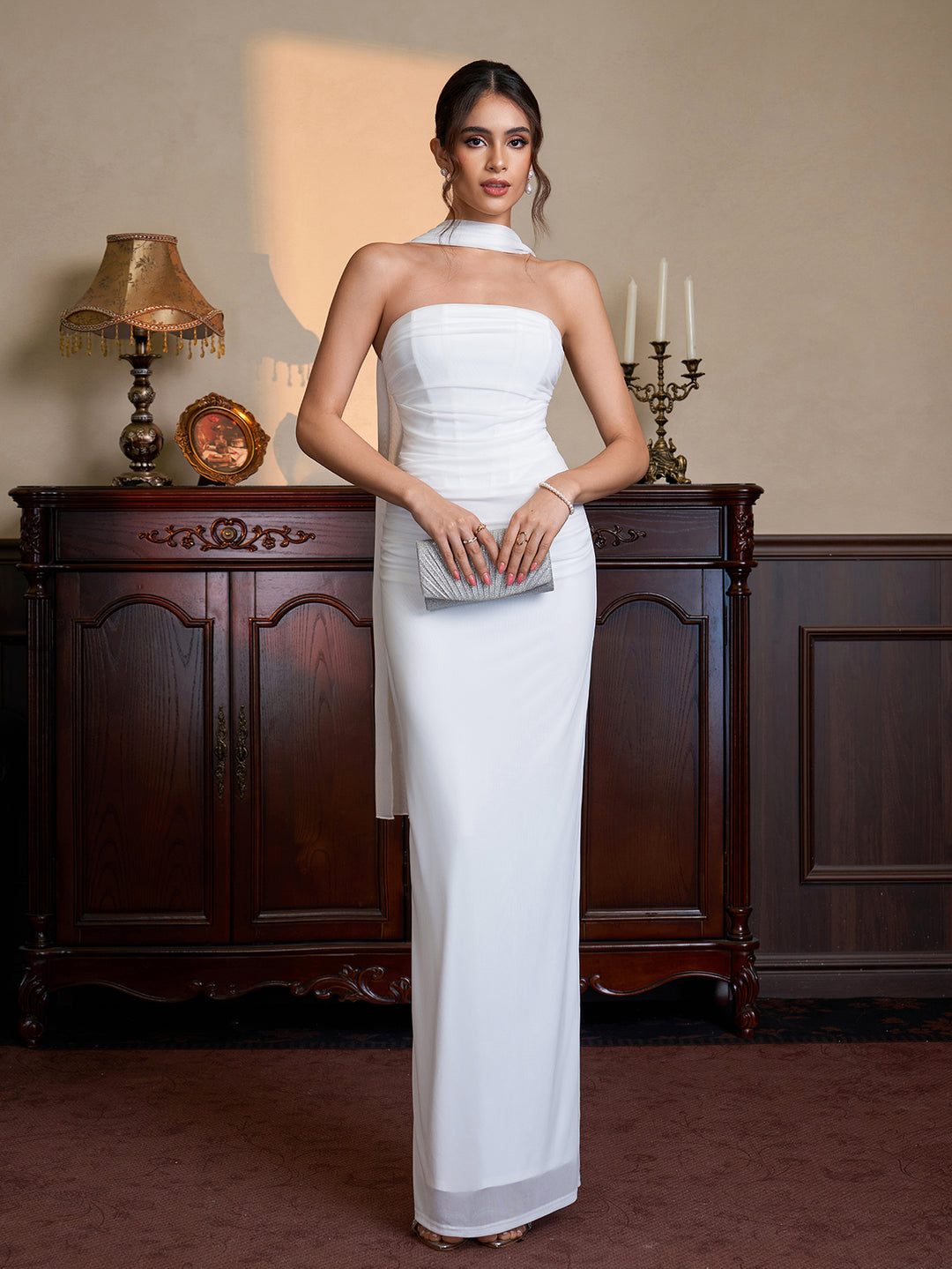 Ribbon Neck Hanging Ruched Split Tube Dress