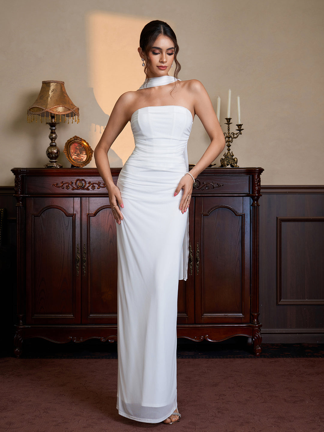 Ribbon Hanging Neck Ruched Split Tube Dress