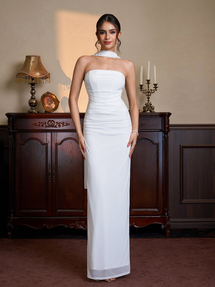 Hanging Neck Ribbon Ruched Split Tube Dress