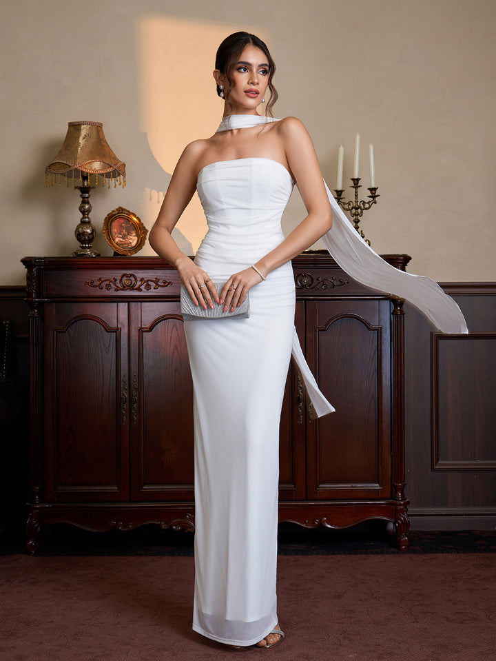 Neck Hanging Ribbon Ruched Split Tube Dress