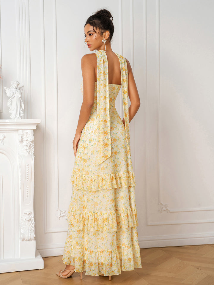 Hanging Neck Ribbon Floral Print Ruffle Trim Tube Dress