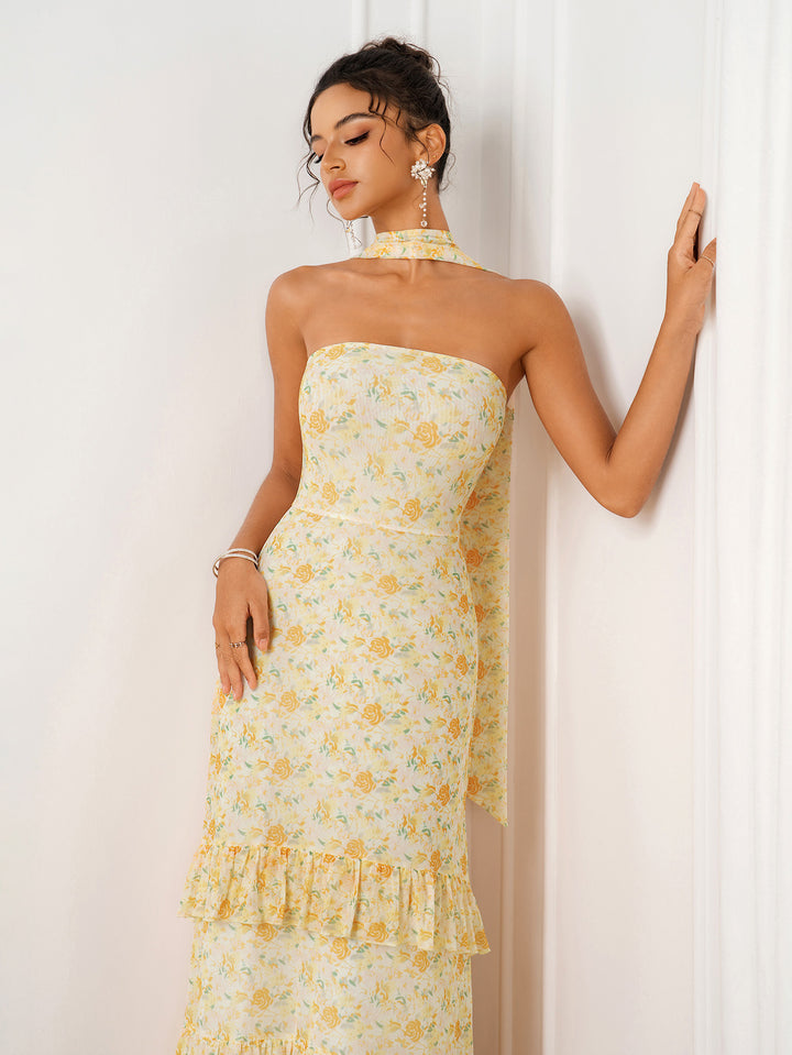 Floral Print Ruffle Trim Hanging Neck Ribbon Tube Dress