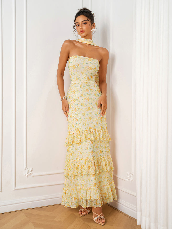 Floral Print Hanging Neck Ribbon Ruffle Trim Tube Dress