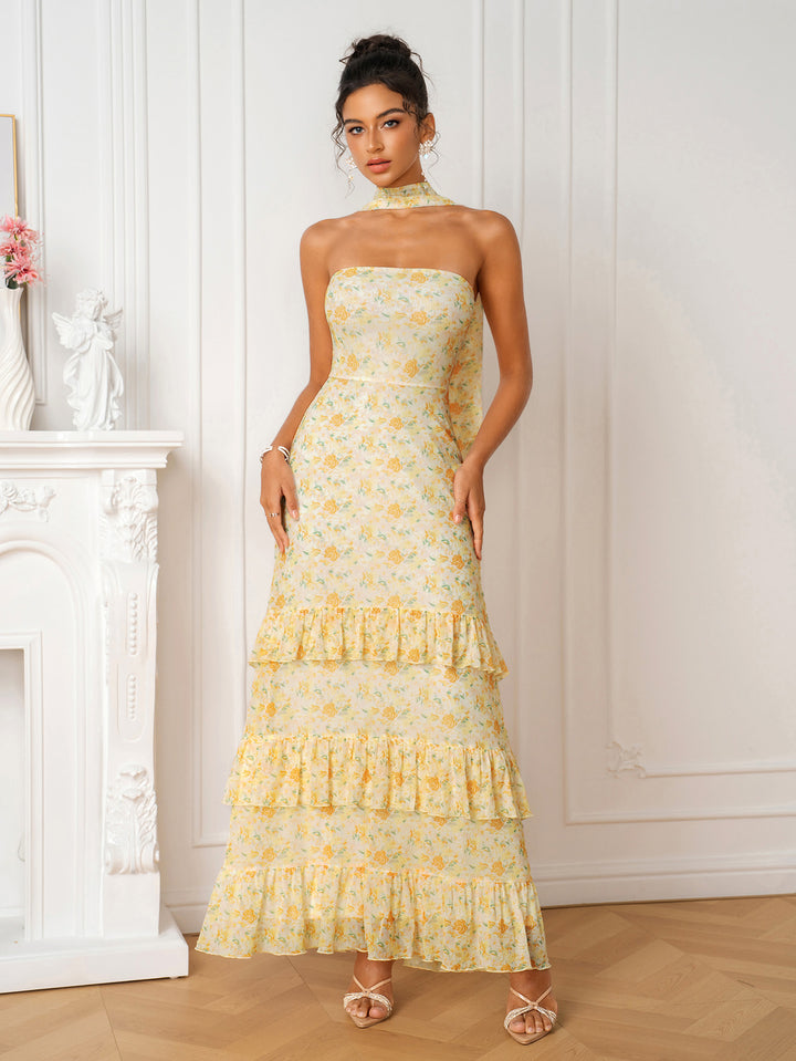 Hanging Neck Ribbon Ruffle Trim Floral Print Tube Dress