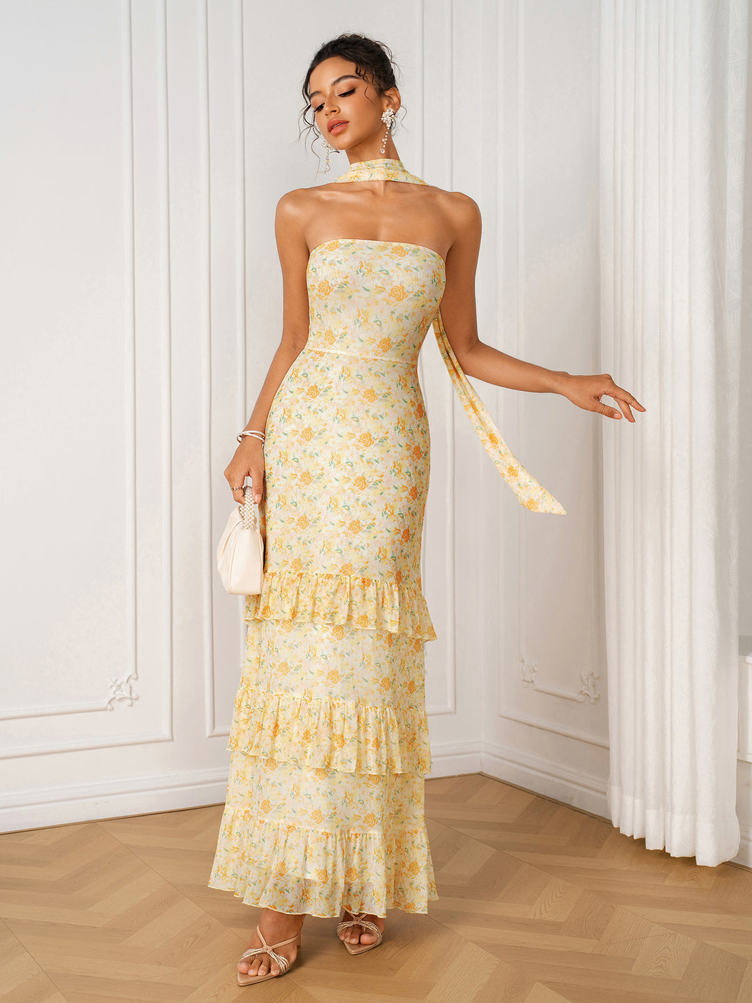 Ruffle Trim Floral Print Hanging Neck Ribbon Tube Dress