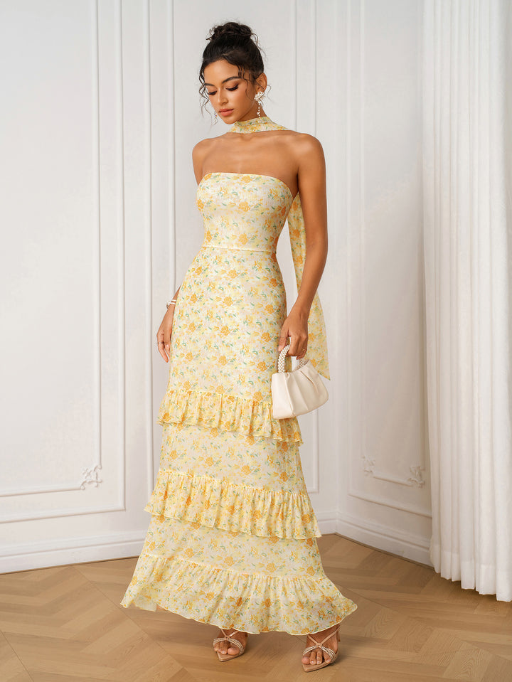 Ruffle Trim Hanging Neck Ribbon Floral Print Tube Dress