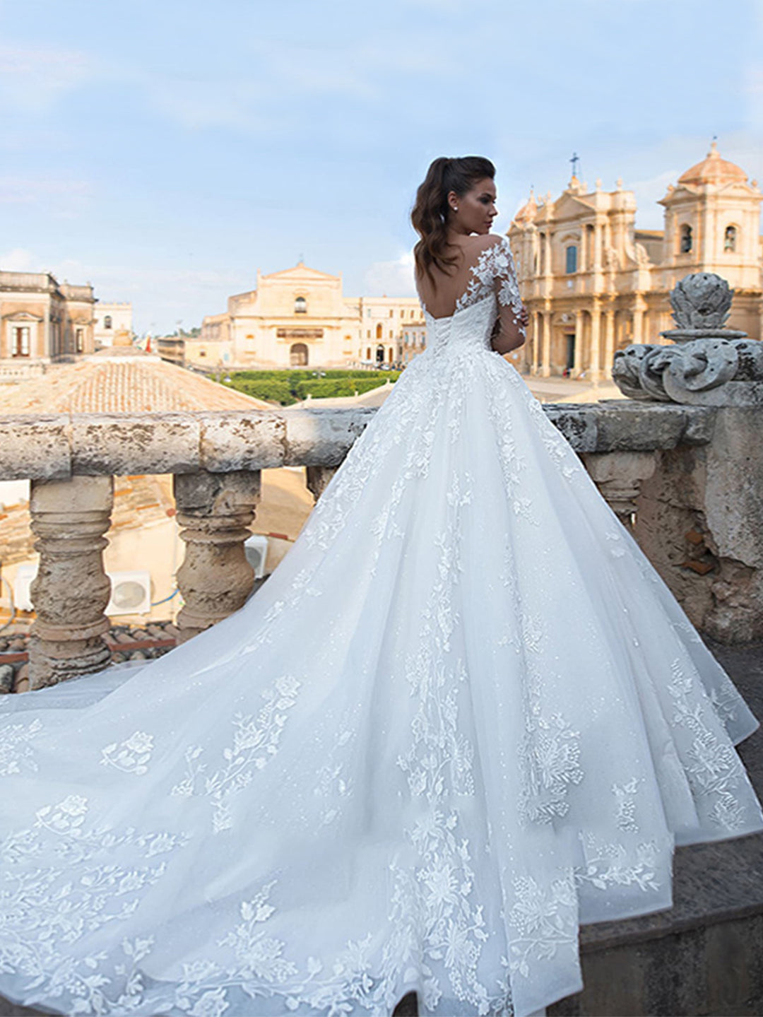 Jacquard Sleeve Lace Long Wedding Gown#color_white