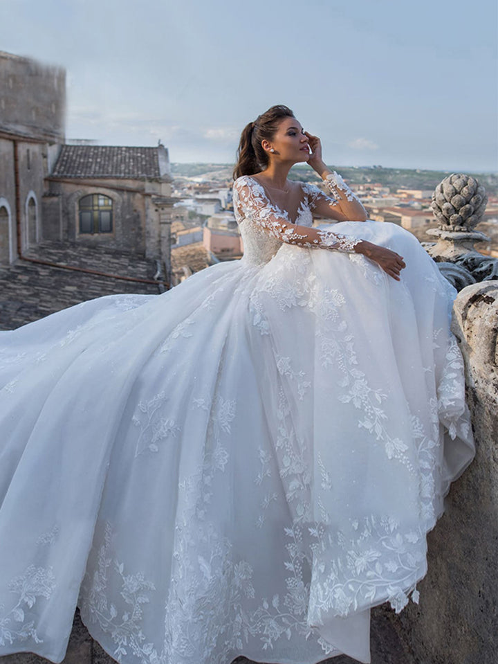 Jacquard Sleeve Long Lace Wedding Gown#color_white
