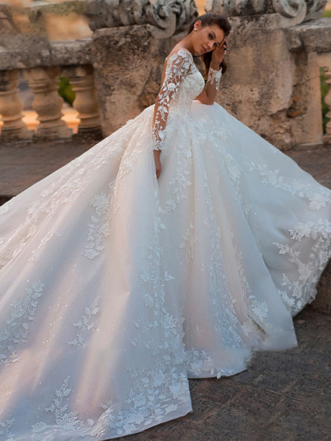 Jacquard Long Lace Sleeve Wedding Gown#color_white