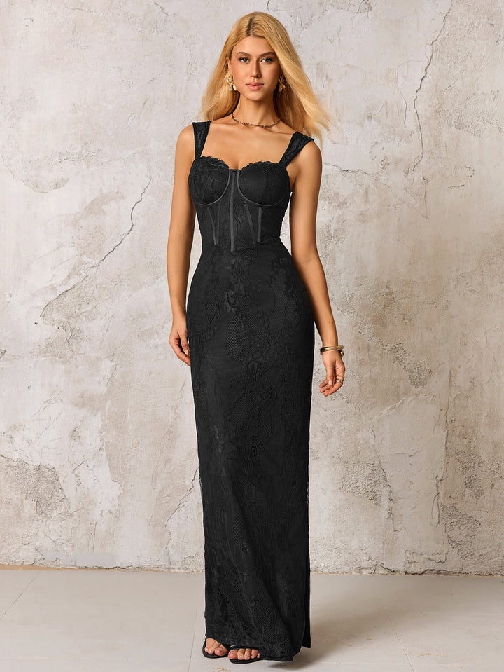 Split Back Zipper Jacquard Lace Bodycon Dress#color_black