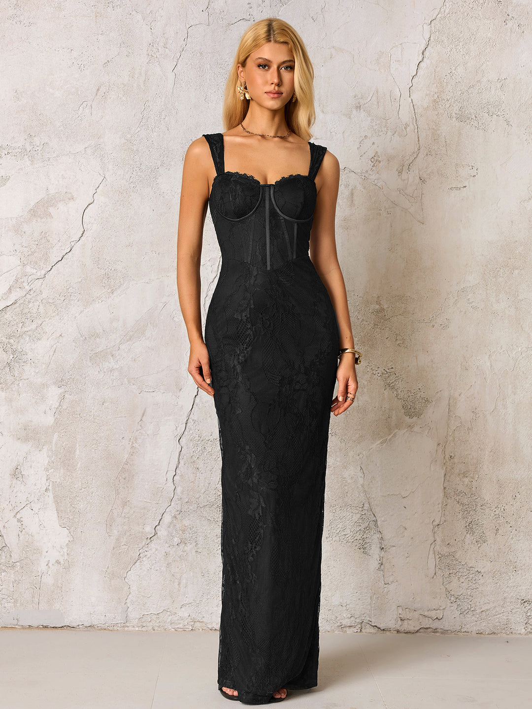 Jacquard Zipper Split Back Lace Bodycon Dress#color_black