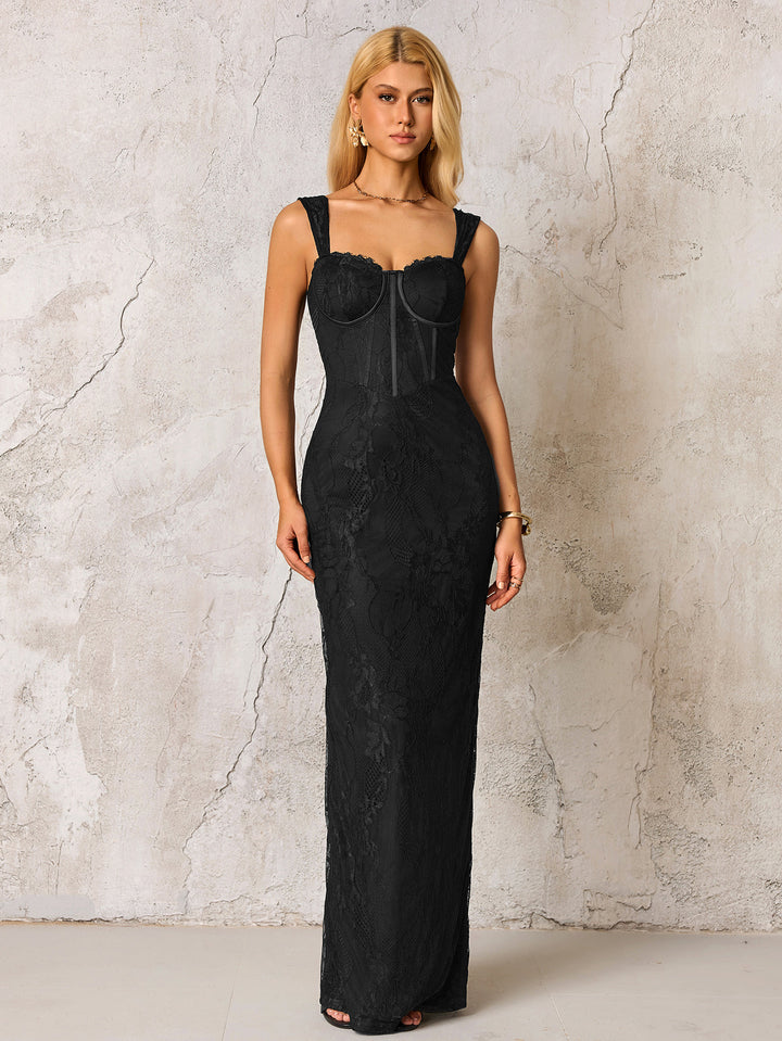 Jacquard Zipper Split Back Lace Bodycon Dress#color_black