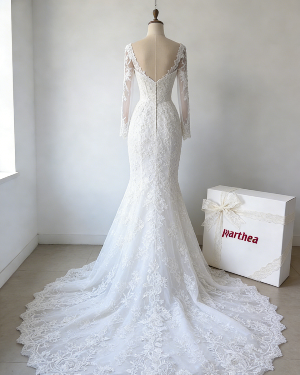 Jacquard Long Lace Sleeve Wedding Gown#color_white