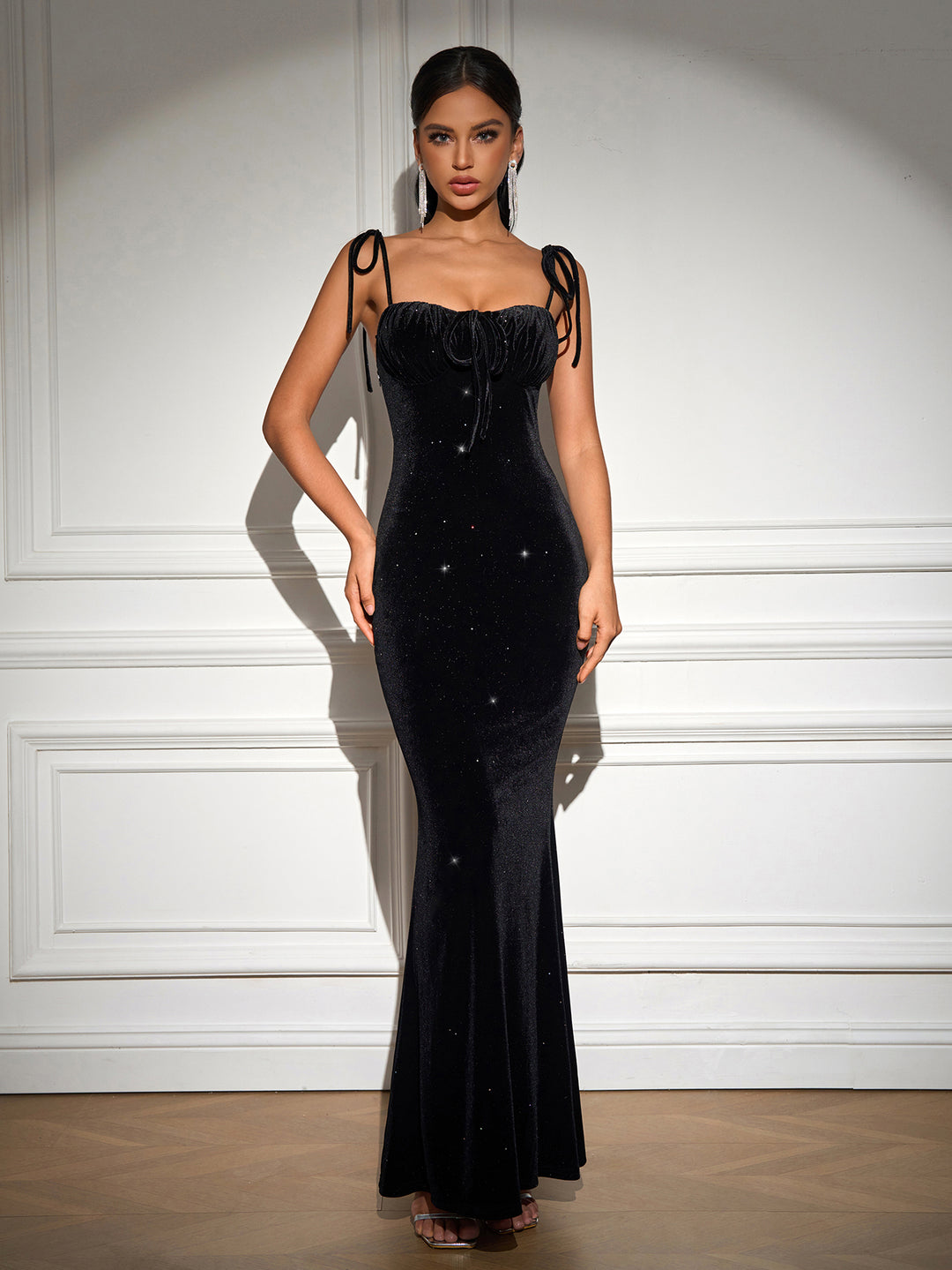 Tie Front Sequin Knot Straps Maxi Dress#color_black