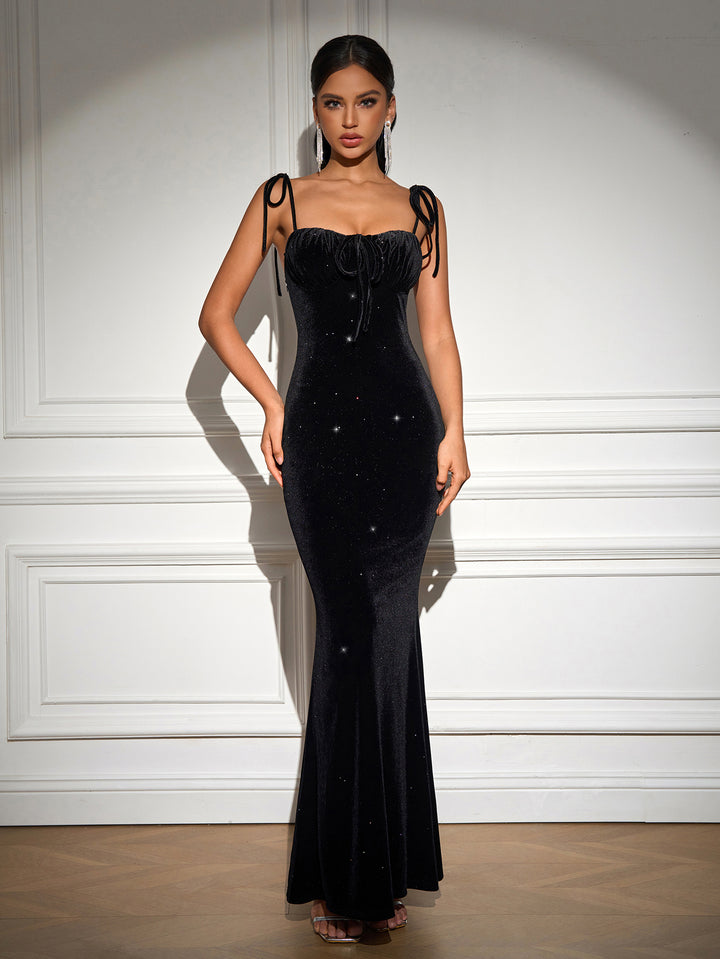 Tie Front Sequin Knot Straps Maxi Dress#color_black