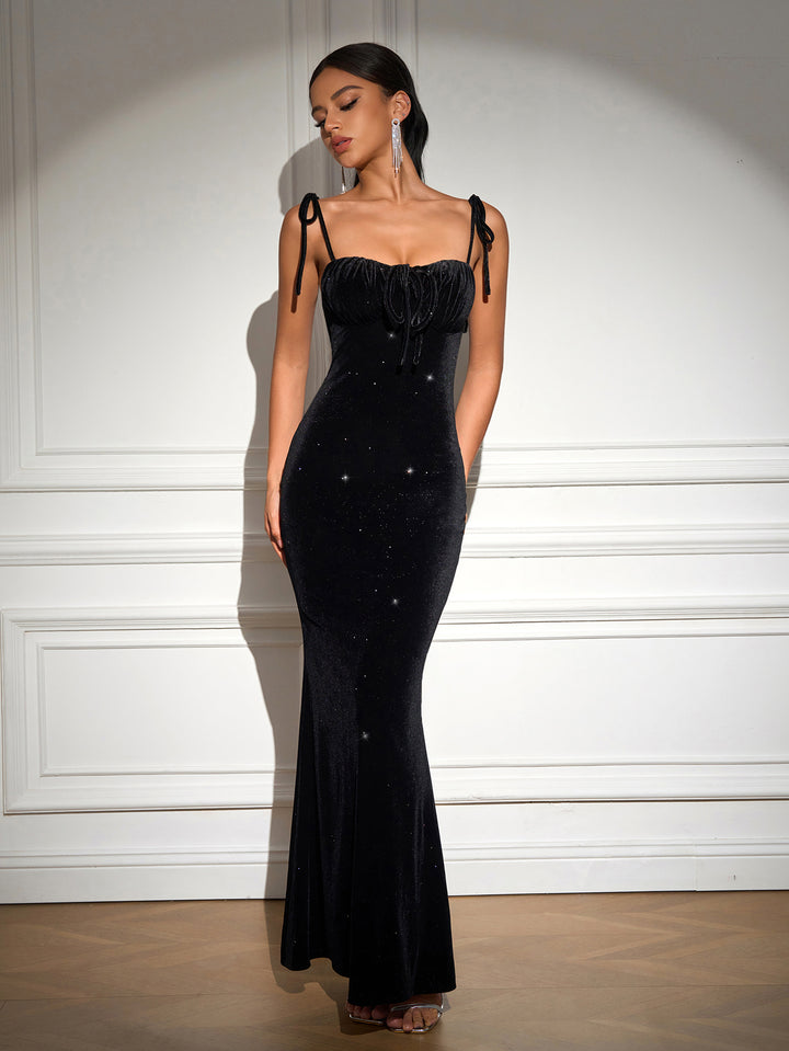 Knot Straps Sequin Tie Front Maxi Dress#color_black