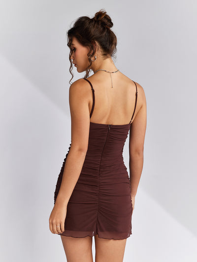 corset lace bust ruched cami dress#color_brown