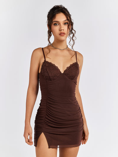 lace bust corset ruched cami dress#color_brown