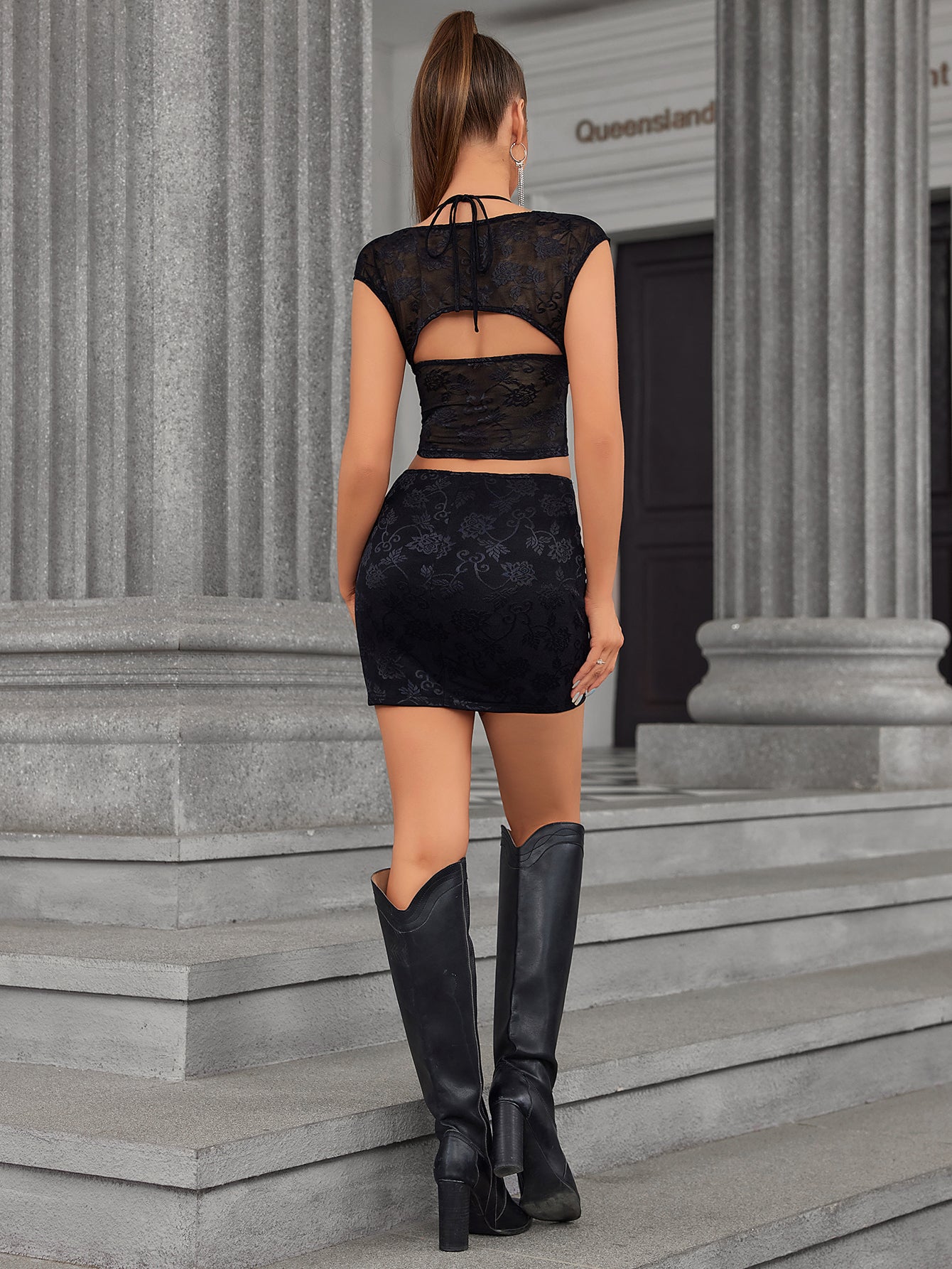 floral lace halter crisscross front top&bodycon skirt#color_black