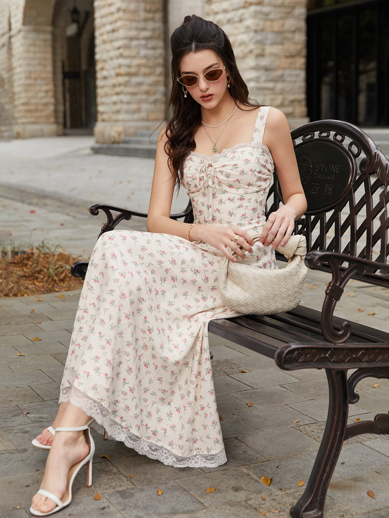 Lace Spliced Tie Front Floral Print Maxi Dress – Parthea Fashion
