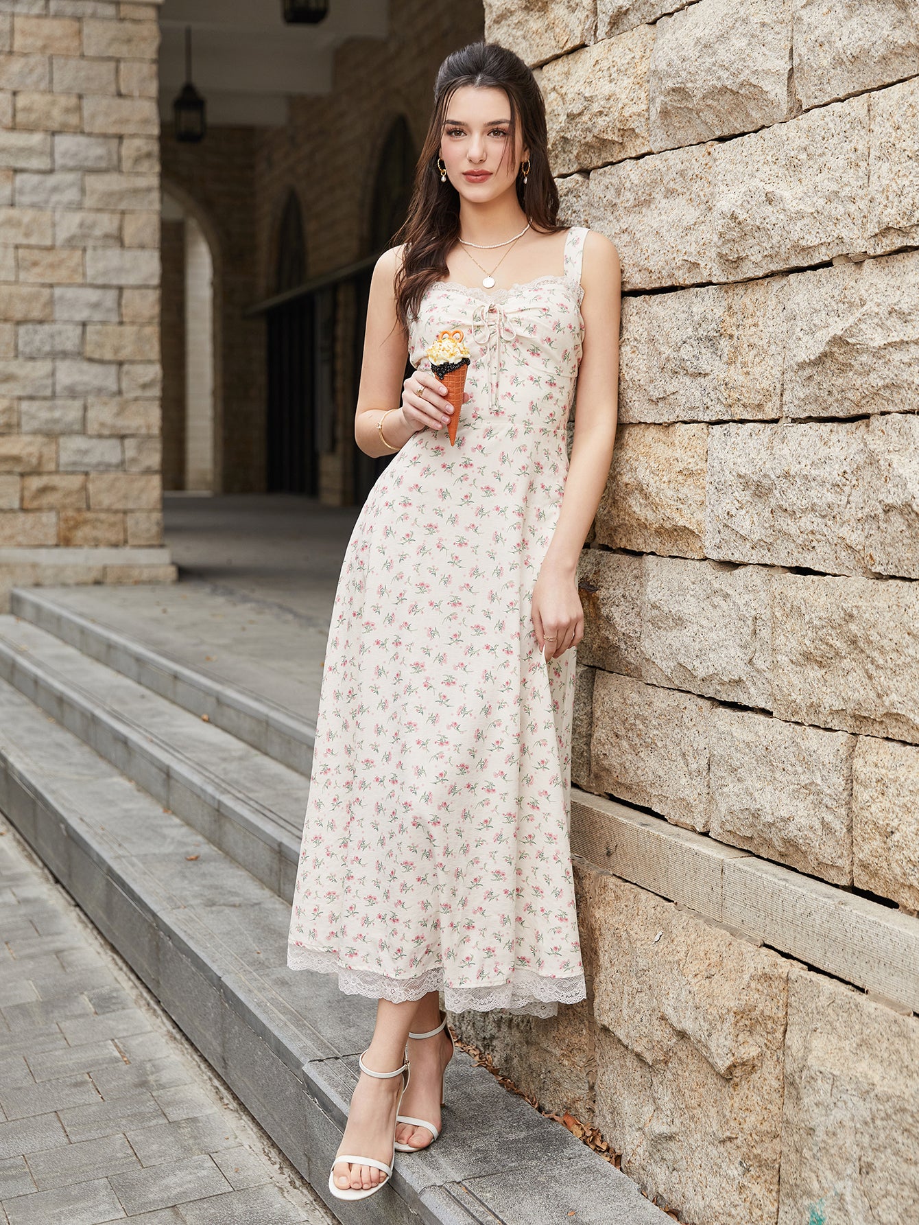 Lace Spliced Tie Front Floral Print Maxi Dress – Parthea Fashion