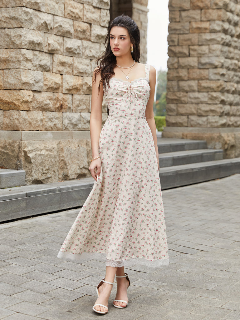 Lace Spliced Tie Front Floral Print Maxi Dress, Pink / XS