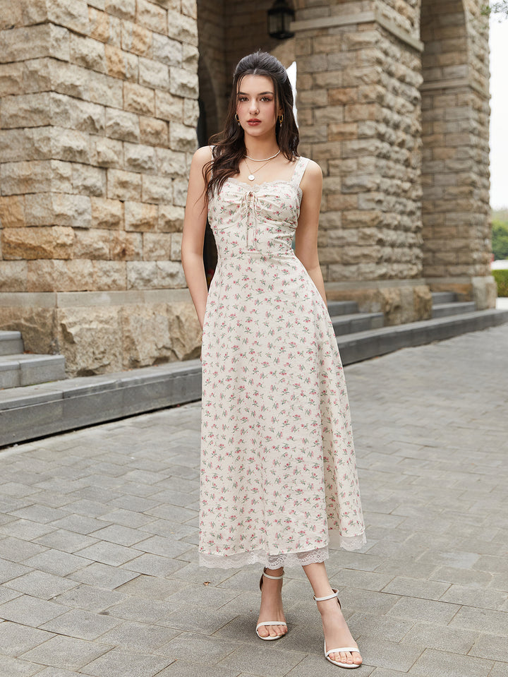 Lace Spliced Tie Front Floral Print Maxi Dress, Pink / XS