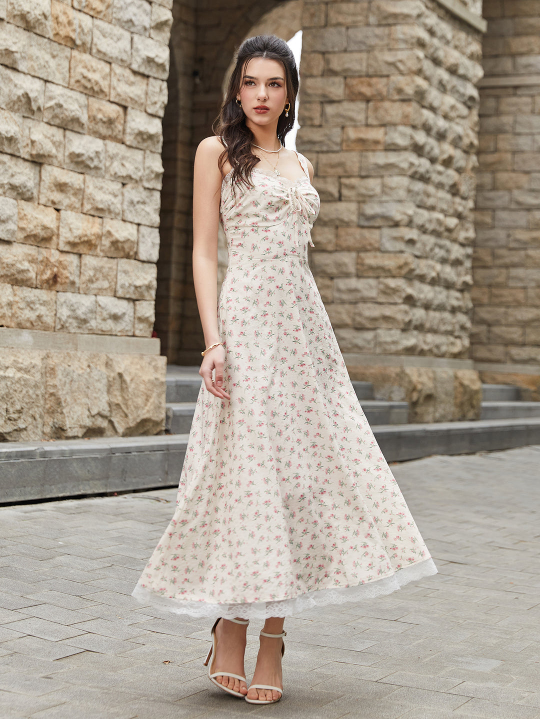 Lace Spliced Tie Front Floral Print Maxi Dress, Pink / Xs Lace Spliced Tie Front Floral Print Maxi Dress, Pink / Xs