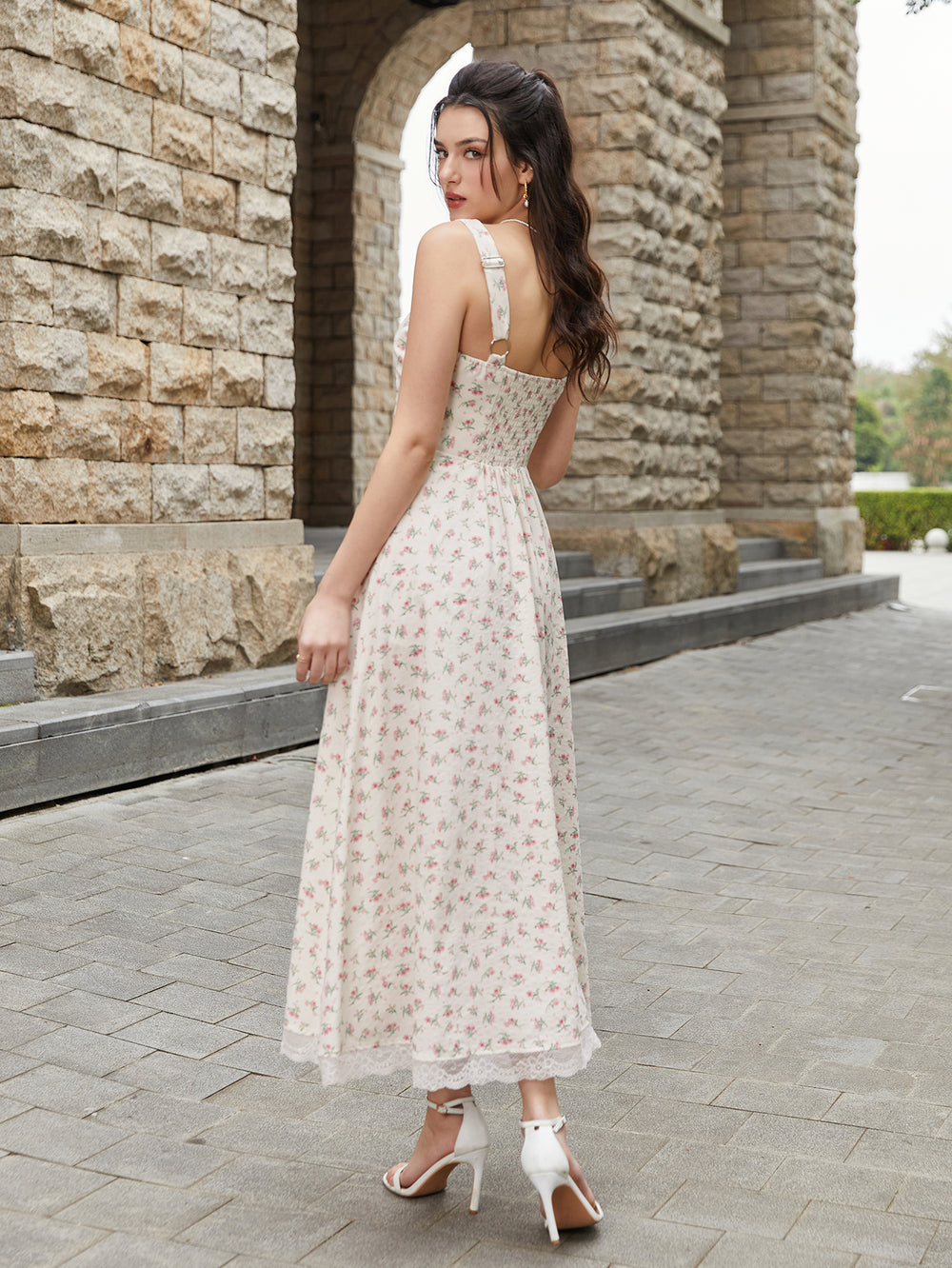 Lace Spliced Tie Front Floral Print Maxi Dress, Pink / XS