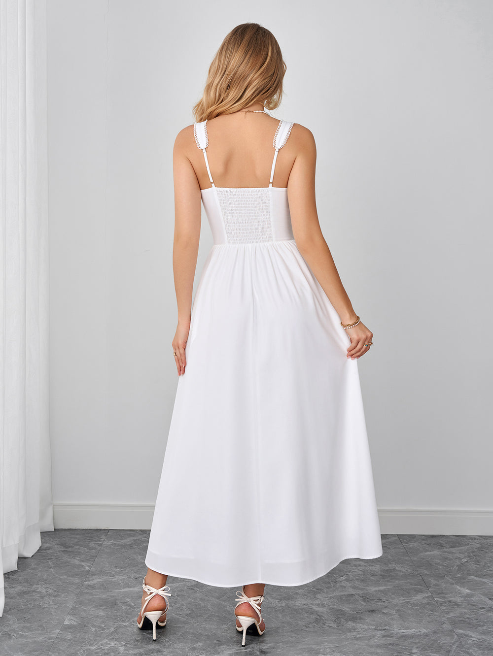 Lace Trim Ruched Backless Solid Maxi Dress#color_white