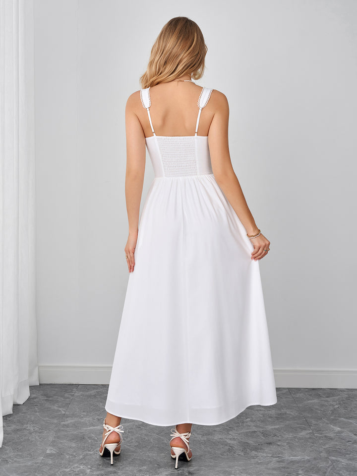 Lace Trim Ruched Backless Solid Maxi Dress