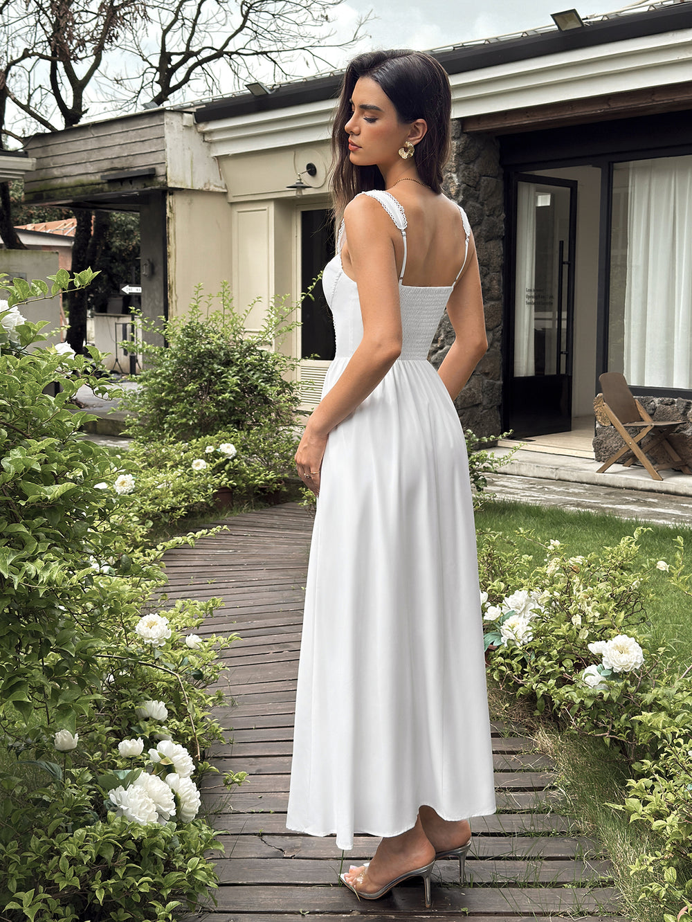 Lace Trim Ruched Backless Solid Maxi Dress#color_white