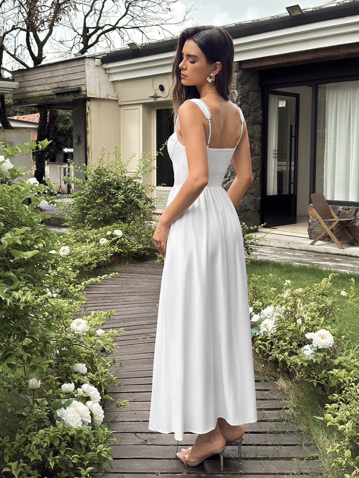 Lace Trim Ruched Backless Solid Maxi Dress