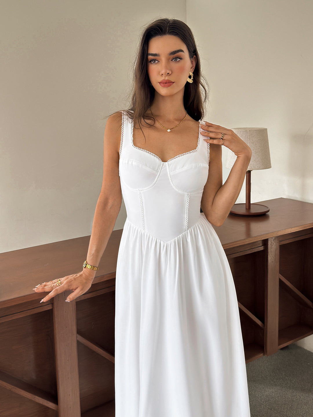 Ruched Backless Lace Trim Solid Maxi Dress