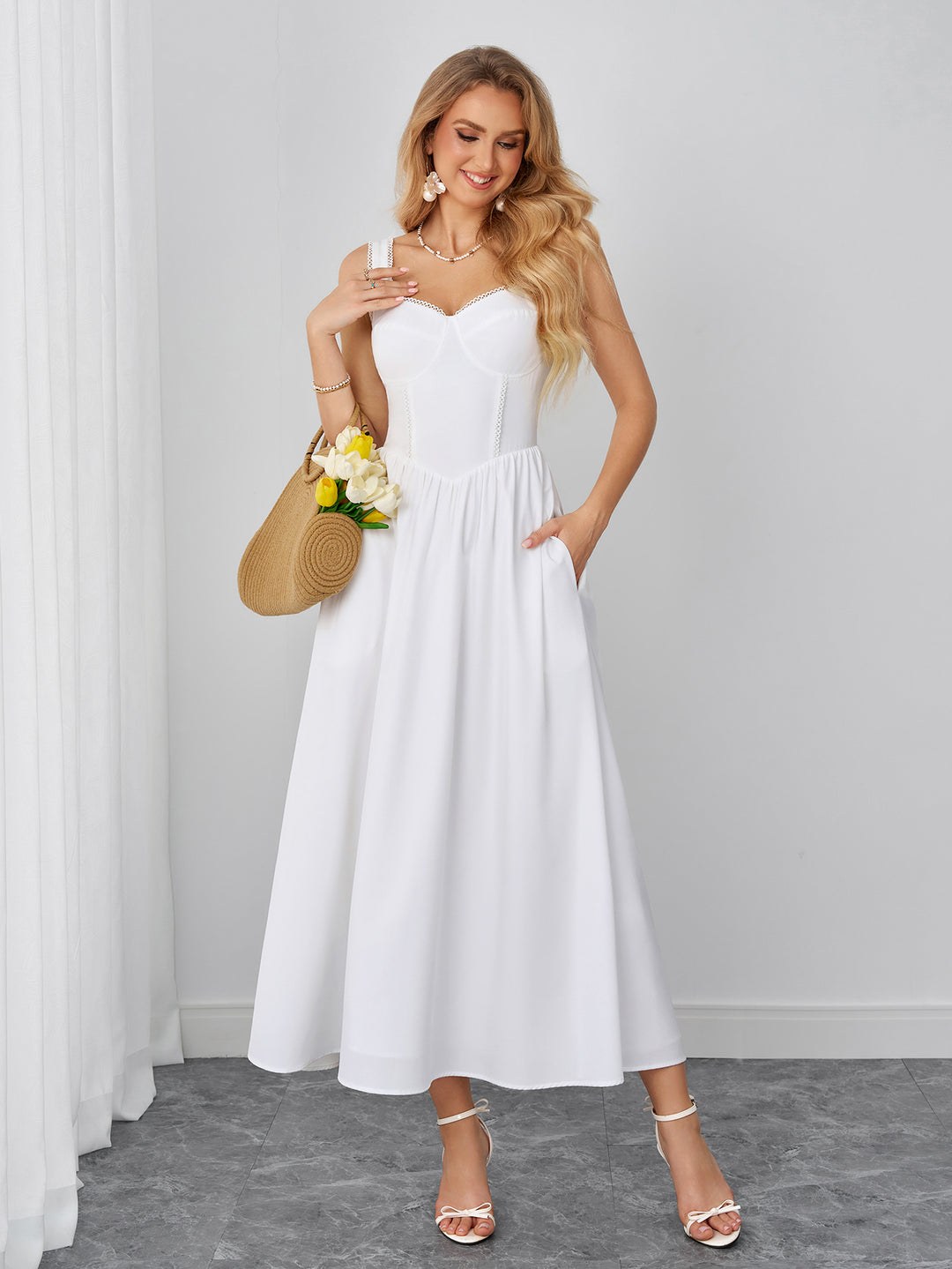 Ruched Lace Trim Backless Solid Maxi Dress