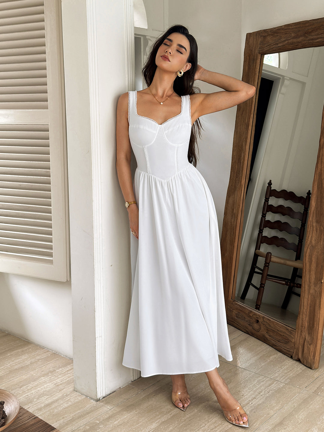 Ruched Lace Trim Backless Solid Maxi Dress