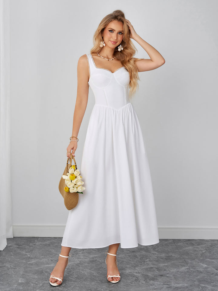 Lace Trim Backless Ruched Solid Maxi Dress