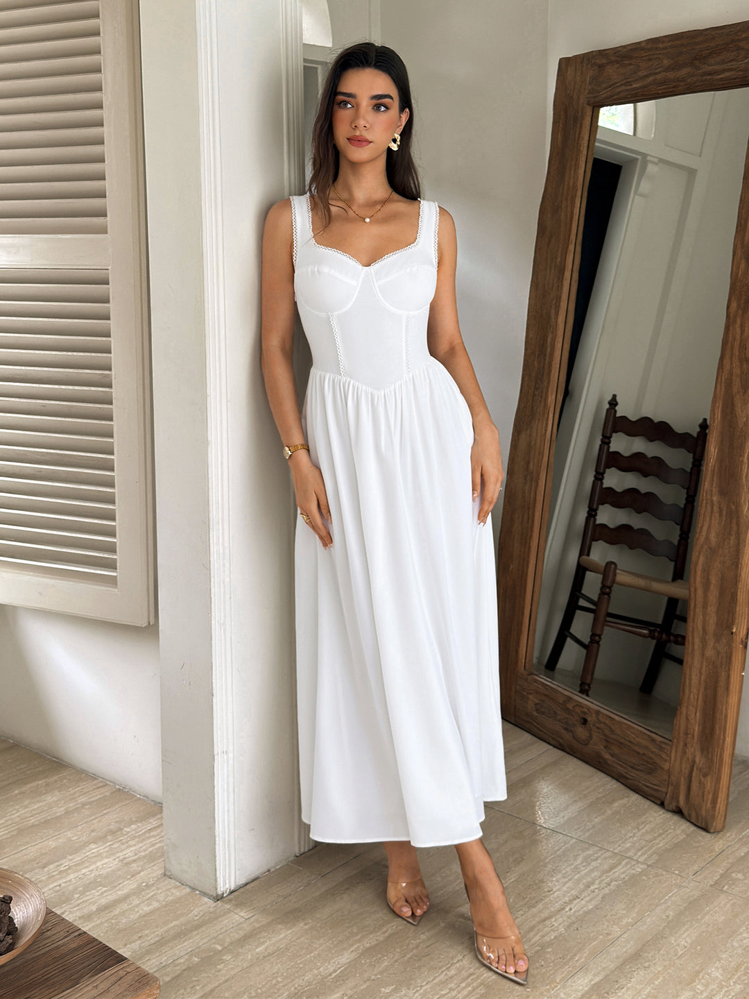 Lace Trim Backless Ruched Solid Maxi Dress#color_white