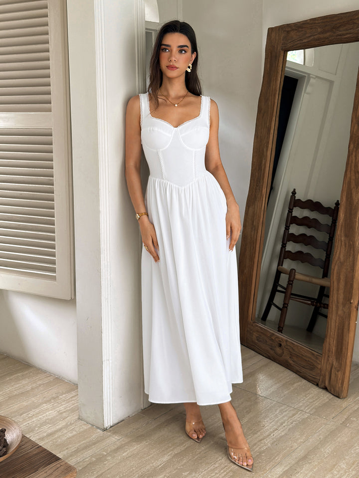 Lace Trim Backless Ruched Solid Maxi Dress