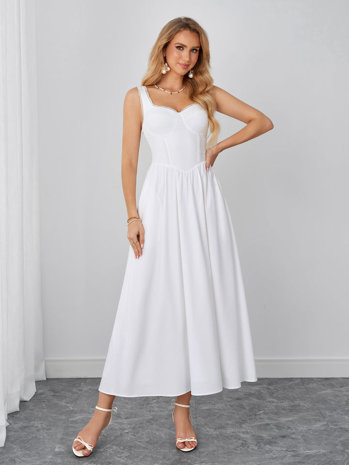 Backless Ruched Lace Trim Solid Maxi Dress