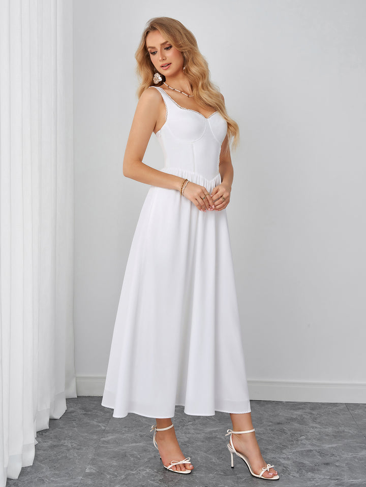 Backless Lace Trim Ruched Solid Maxi Dress